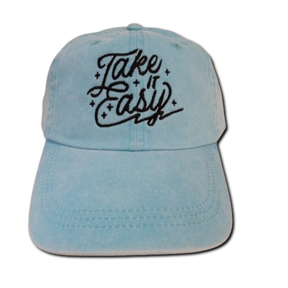Take It Easy Curved Bill Mesh Embroidered Snapback Washed Denim Blue Green Cap
